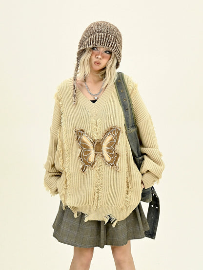 Damage Butterfly V-Neck Knit Sweater NA6440