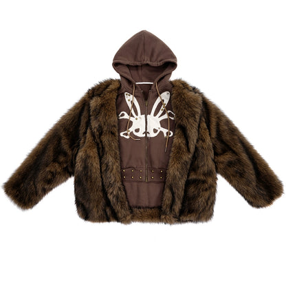 Rabbit Skull Fake Layered Fake Fur Jacket NA6699