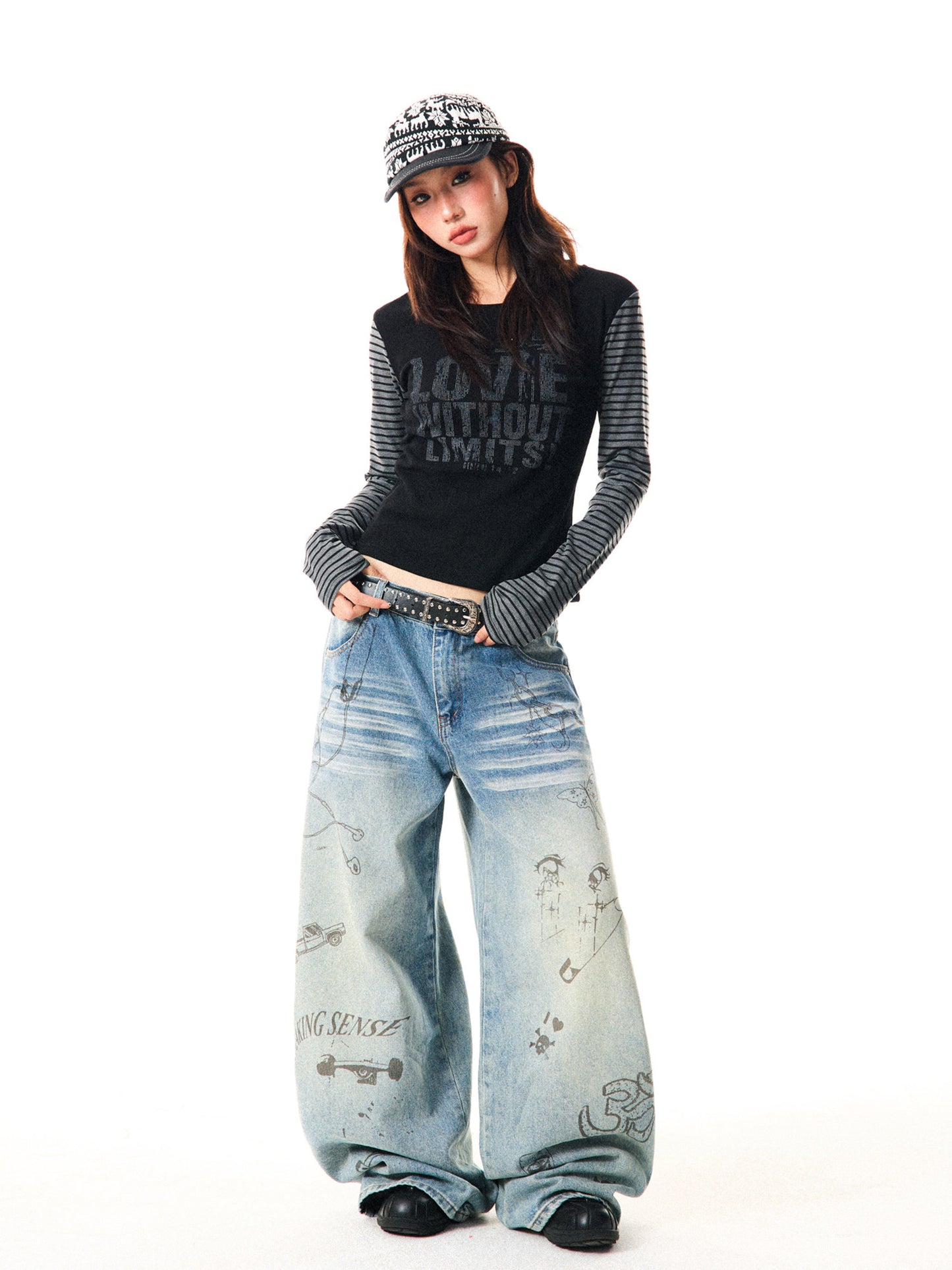 Washed Graffiti Print Wide Leg Denim Jeans NA9380