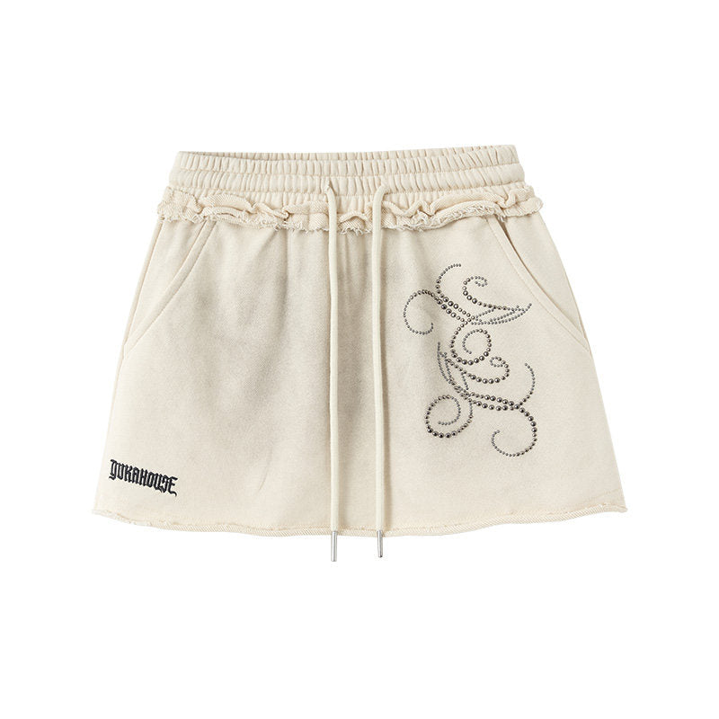 Washed Damage Oversize Zipper Hoodie & Short Skirt & Wide Leg Pants Setup NA8911