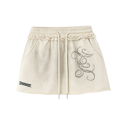 Washed Damage Oversize Zipper Hoodie & Short Skirt & Wide Leg Pants Setup NA8911