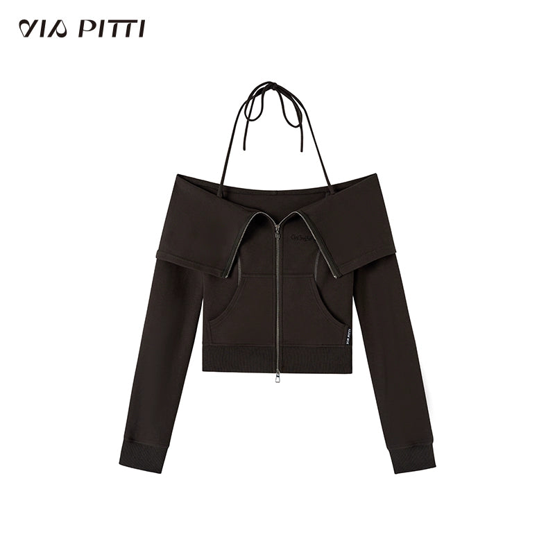 Hanging Neck Zipper Sweatshirt & Short Skirt Setup NA4736