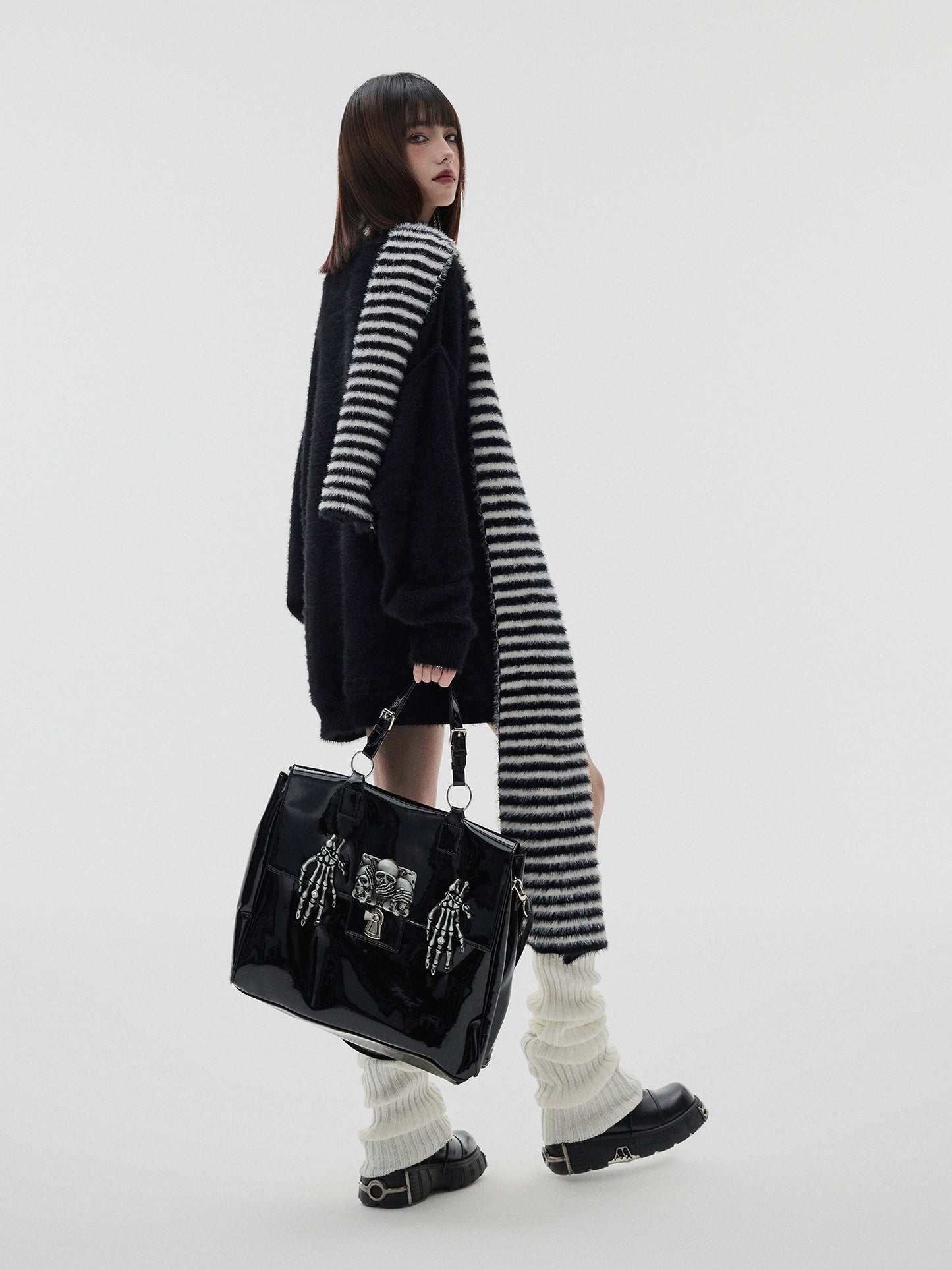 Mohair Skull Pattern Oversize V-Neck Knit Cardigan & Striped Scarf NA8905