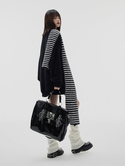 Mohair Skull Pattern Oversize V-Neck Knit Cardigan & Striped Scarf NA8905