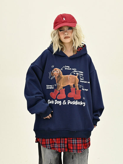 Dog Print Fake Layered Plaid Patchwork Hoodie NA6221