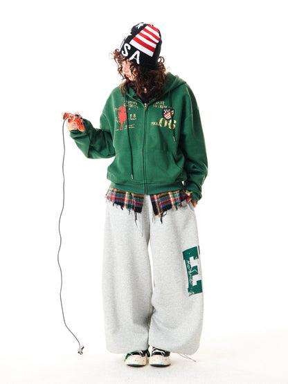 Letter Embroidery Washed Zipper Hoodie WN9345