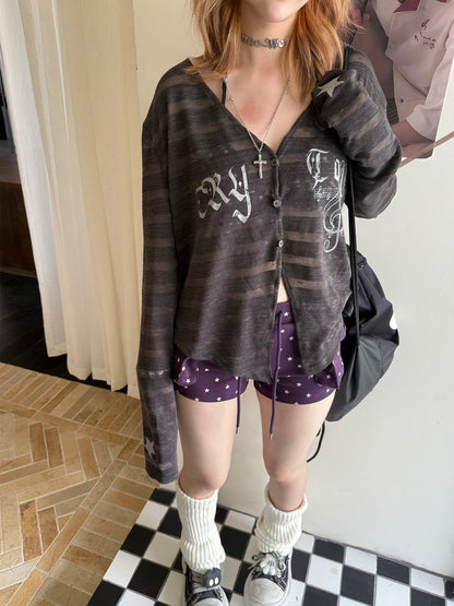 Striped Note Print Star Print Cardigan NA9275