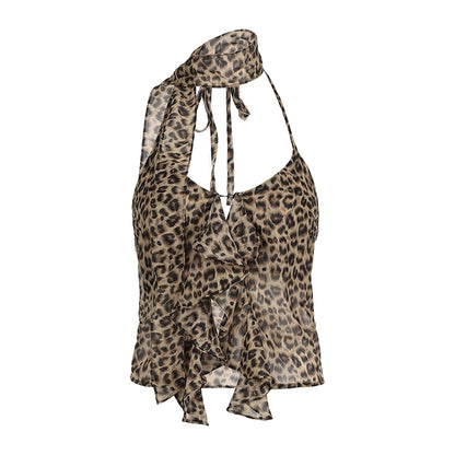 Leopard Pattern Ruffle Hanging Neck Camisole NA4547