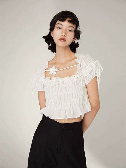 Cropped Ruched Ruffle Short Sleeve Shirt NA5344