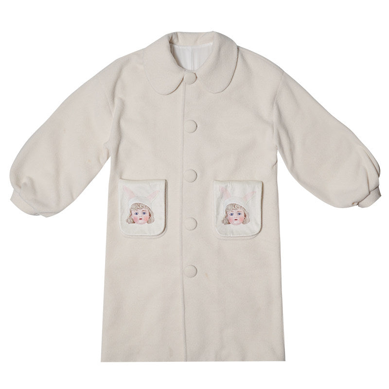 Puff Sleeve Doll Print Wool Coat NA8312