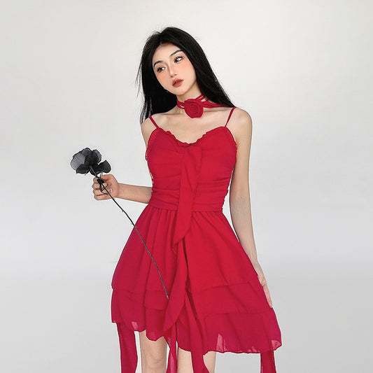 With Red Ribbon 3D Rose Choker, Strap Skirt Dress NA4607