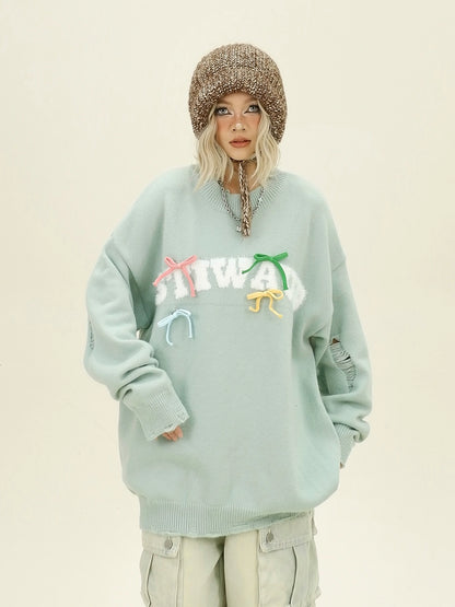 Bow Design Crewneck Knit Sweater NA6347