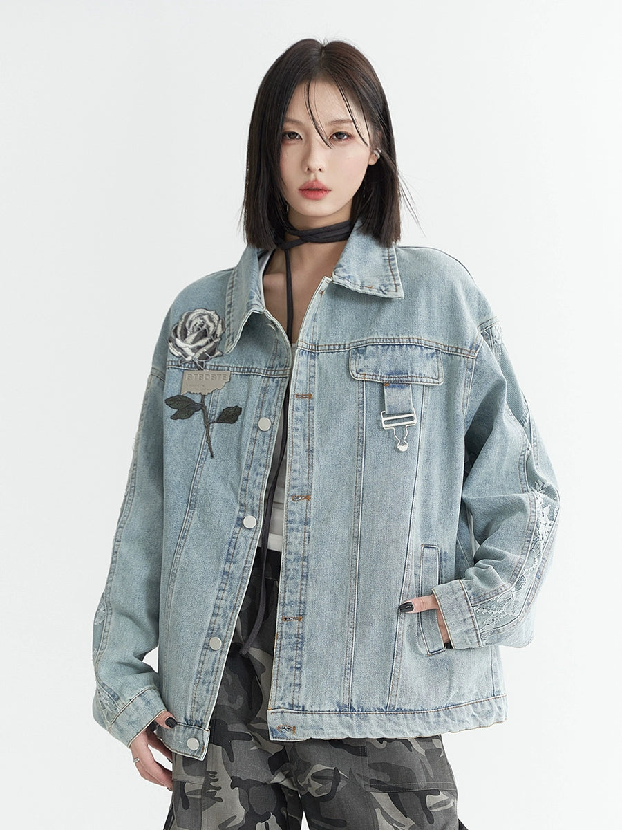 Rose Embroidery Oversize Denim Jacket NA2735