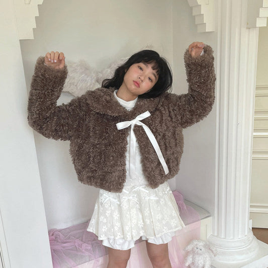 Fake Fur Bow Tie Plush Jacket NA8333