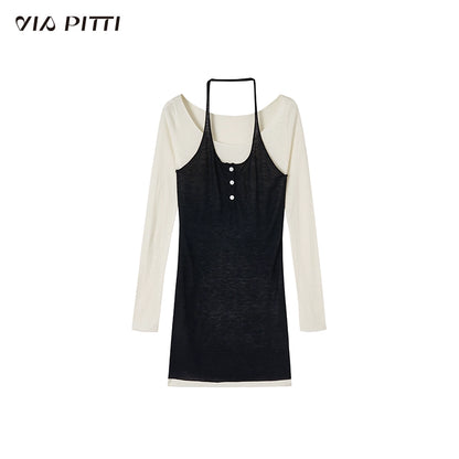 Hanging Neck Fake Layered Knit & Long Sleeve T-shirt NA4744