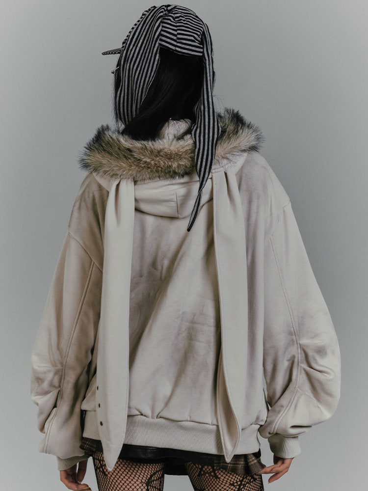 Graphic Fake Fur Hood Bunny Ear Zipper Hoodie Jacket NA8923