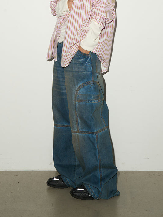 Washed Panel Strap Detail Wide Leg Denim Jeans NA9123