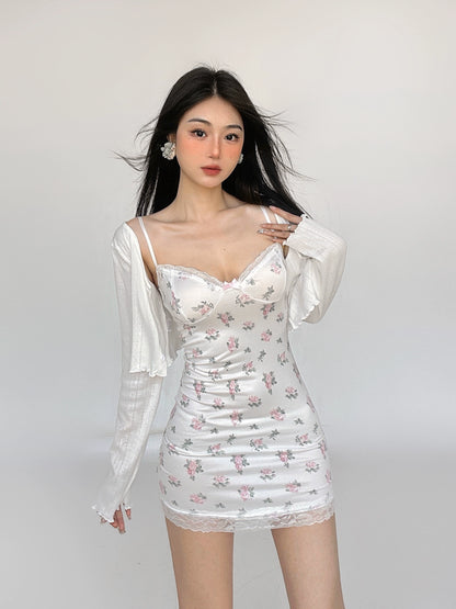 Slim Fit Patchwork Floral Camisole Dress& Cardigan Setup NA4479