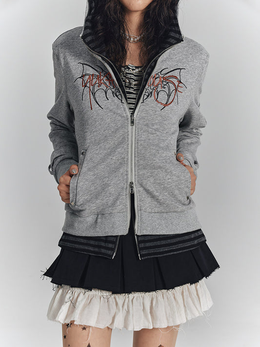 Embroidery Fake Layered Double Zipper Hoodie NA9238