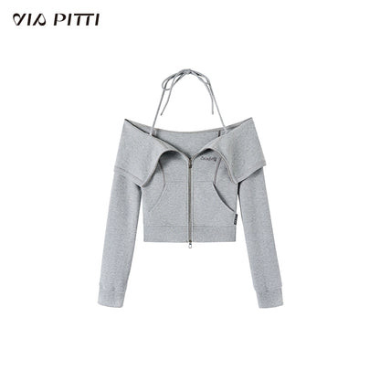 Hanging Neck Zipper Sweatshirt & Short Skirt Setup NA4736