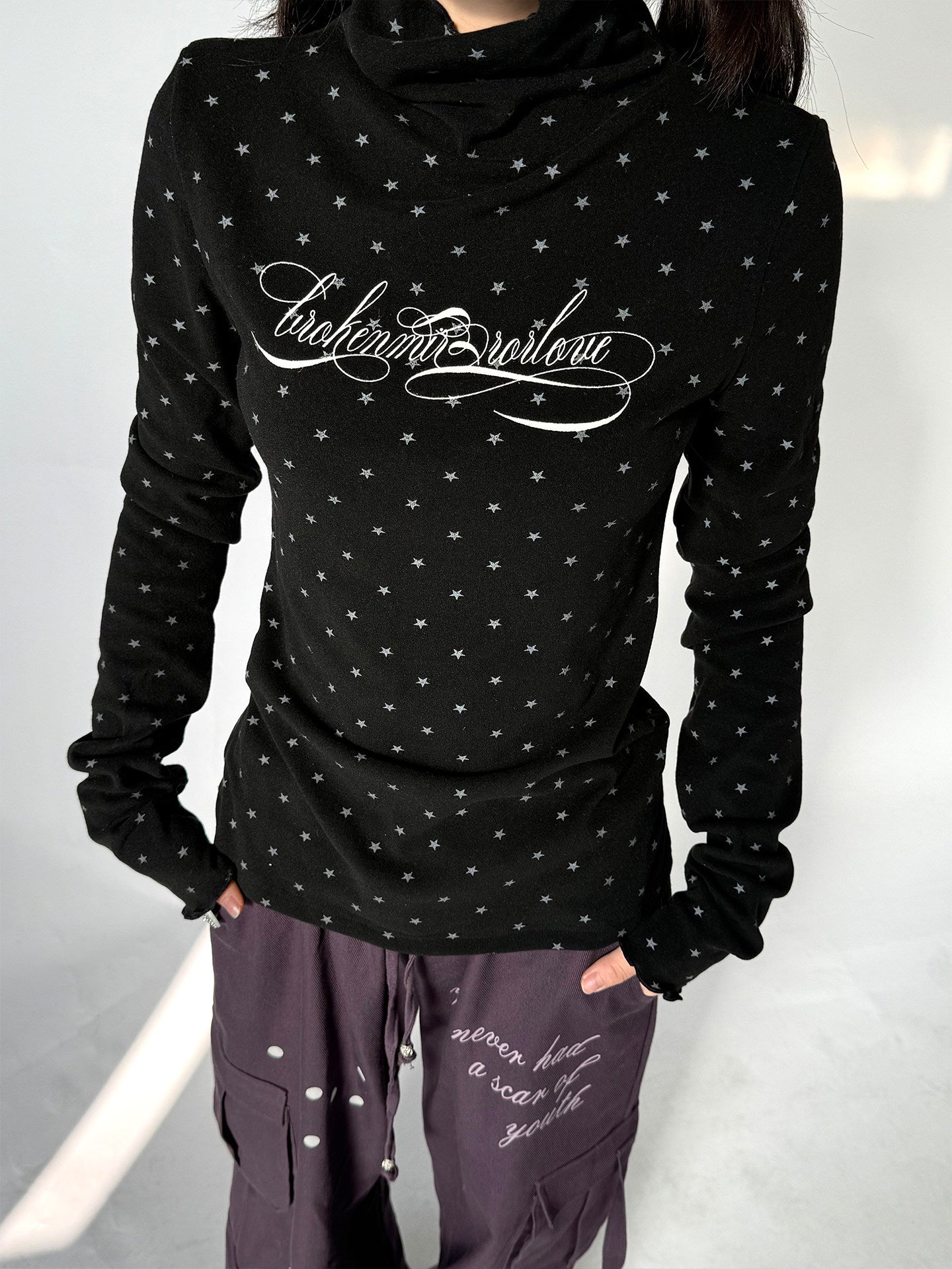 Polka Dot Print High-Neck Long Sleeve T-Shirt NA9255