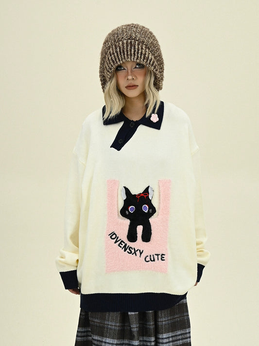 Cat Design Oversize Polo Knit Sweater NA6473