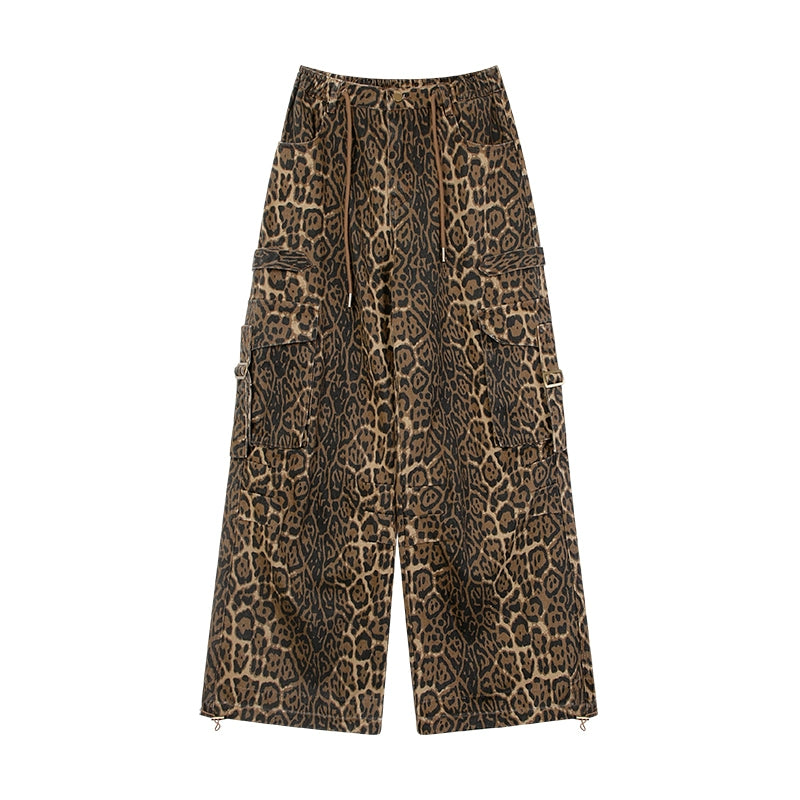 Wide-Leg Straight Leopard Print Cargo Pants NA3717