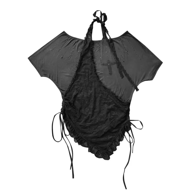 Lace Patchwork Halter Neck Rhinestone Oversize Short Sleeve T-Shirt NA8542