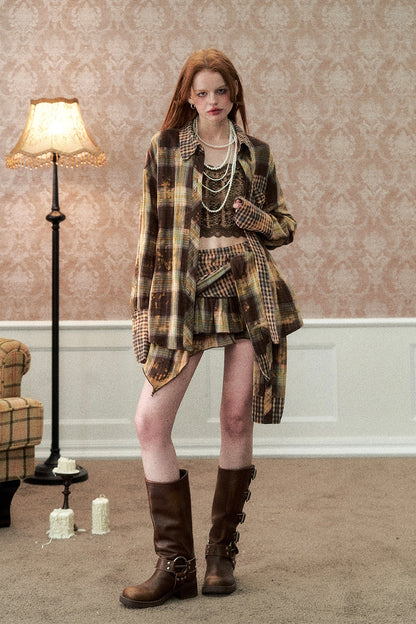 Patchwork Plaid Shirt & Patchwork Plaid Skirt Setup NA4721