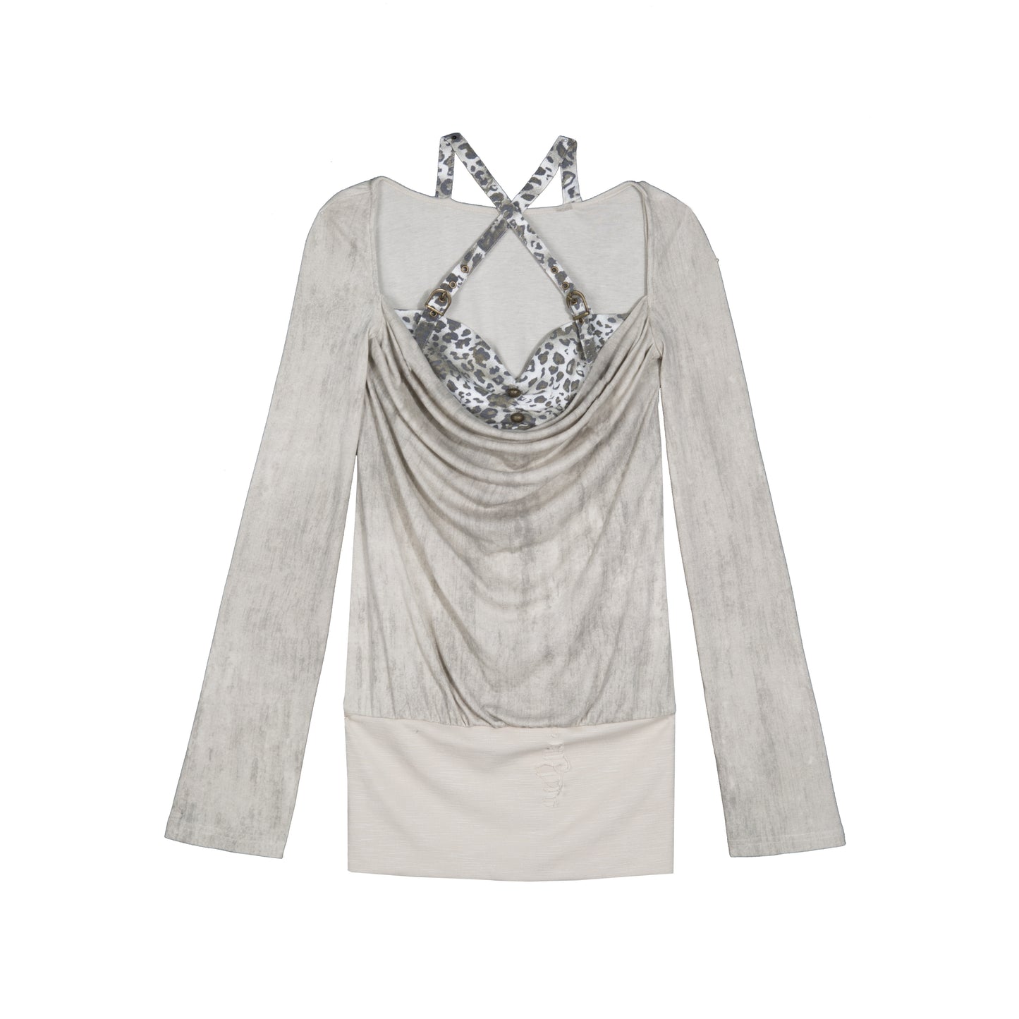 Fake Two-Piece Draped Pleated Mid- Length Slimming Long Sleeve T-Shirts NA8357