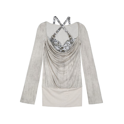 Fake Two-Piece Draped Pleated Mid- Length Slimming Long Sleeve T-Shirts NA8357