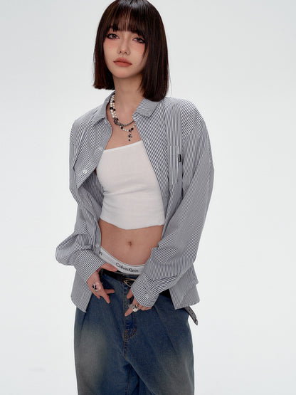 Blue White Stripe Oversize College Long Sleeve Shirt NA8879