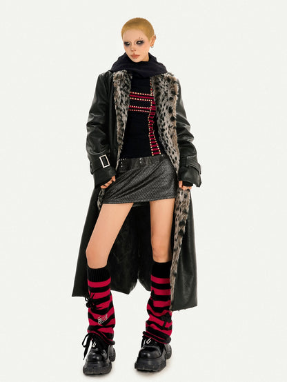 NA8564 Milk Cool Mo Li American retro black long leather jacket female leopard print fur integrated loose fur collar coat NA8564