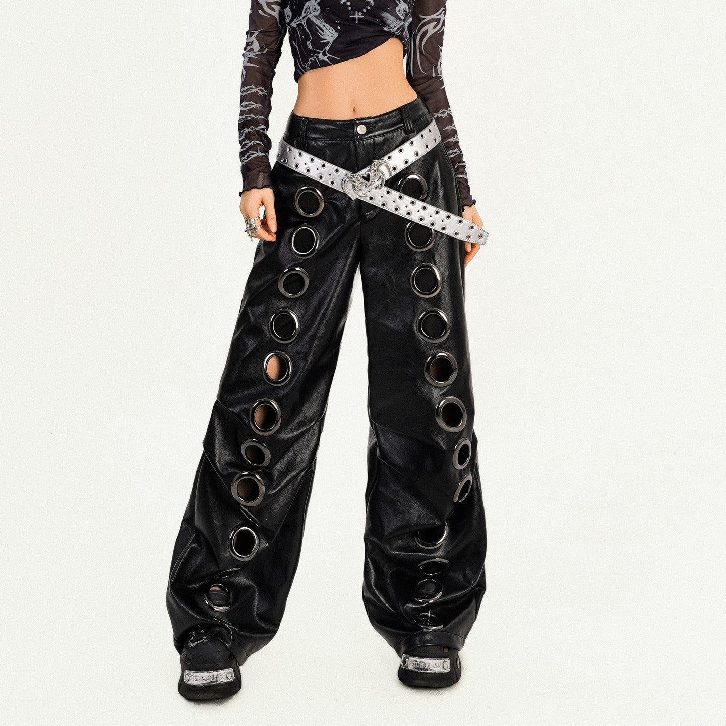 PU Leather Metal Eyelet Straight Pants NA8577