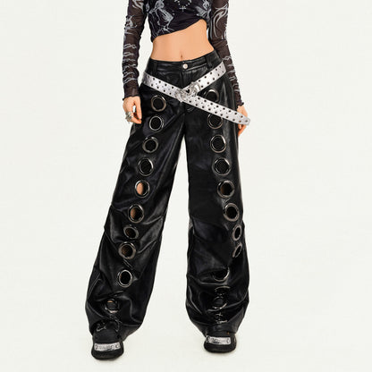 PU Leather Metal Eyelet Straight Pants NA8577