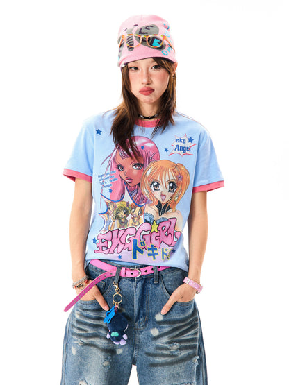 Girl Illustration Print Contrast Short Sleeve T-Shirt NS9322