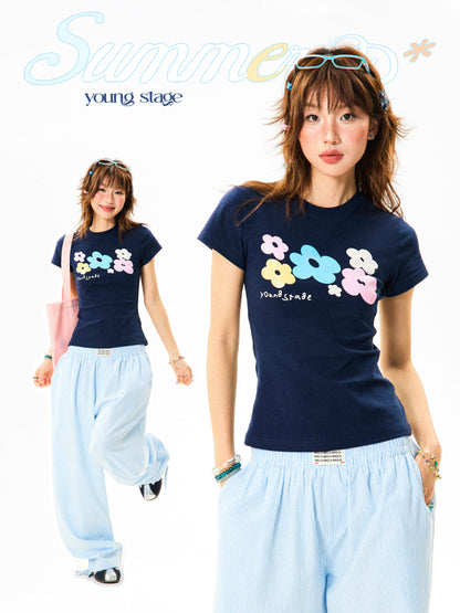 Flower Print Cropped Short Sleeve T-Shirt NA9318