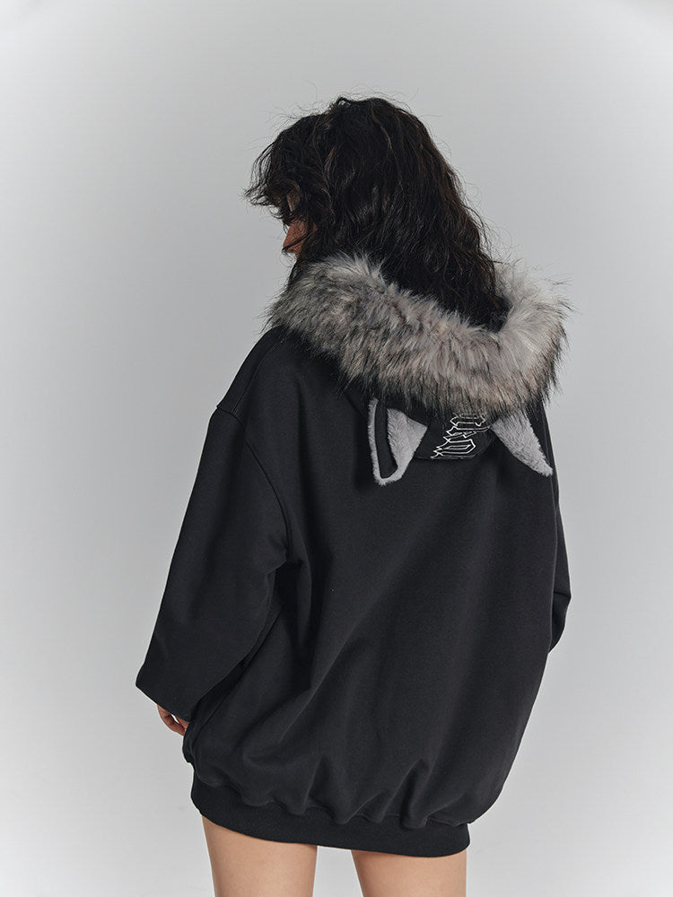 Spider Web Print Fur Collar Cat Ear Oversize Zipper Hoodie NA8912