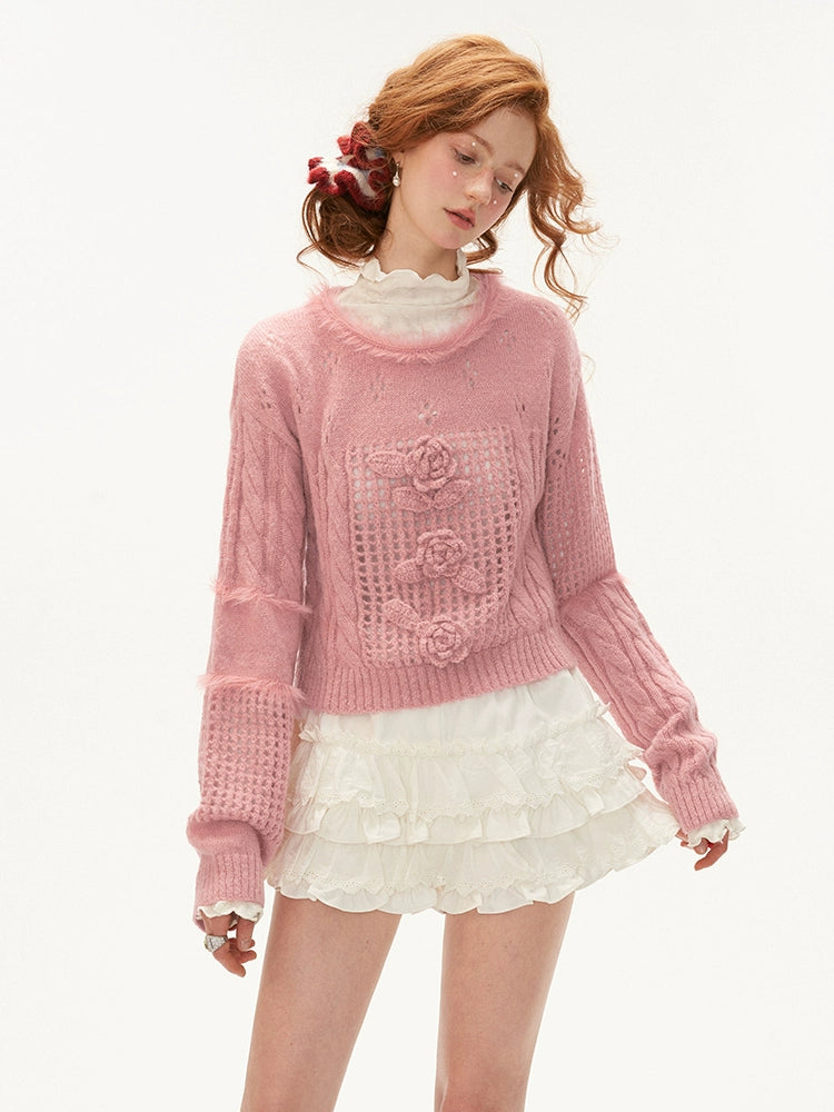 Rose Design Short Knit Sweater  NA5752