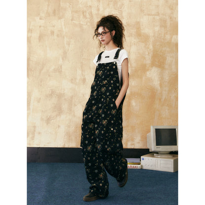 Flower Print Wide-Leg Overalls Long Pants NA2544