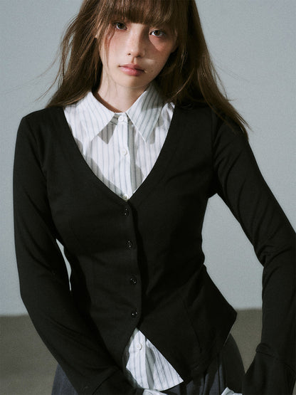 Layered Lyocell Wool Stripe Office Commuter Kinit Cardigan NA8807