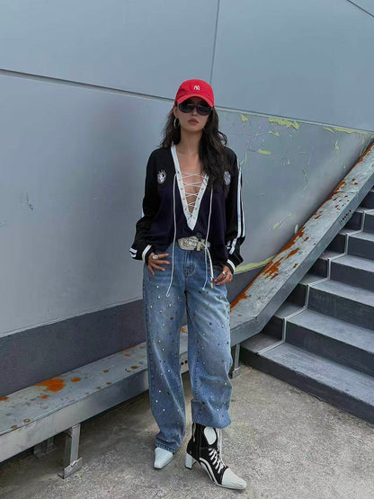 Washed Wide Leg Studded Denim Jeans NA8369