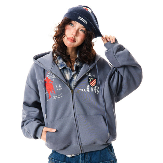 Letter Embroidery Washed Zipper Hoodie WN9345