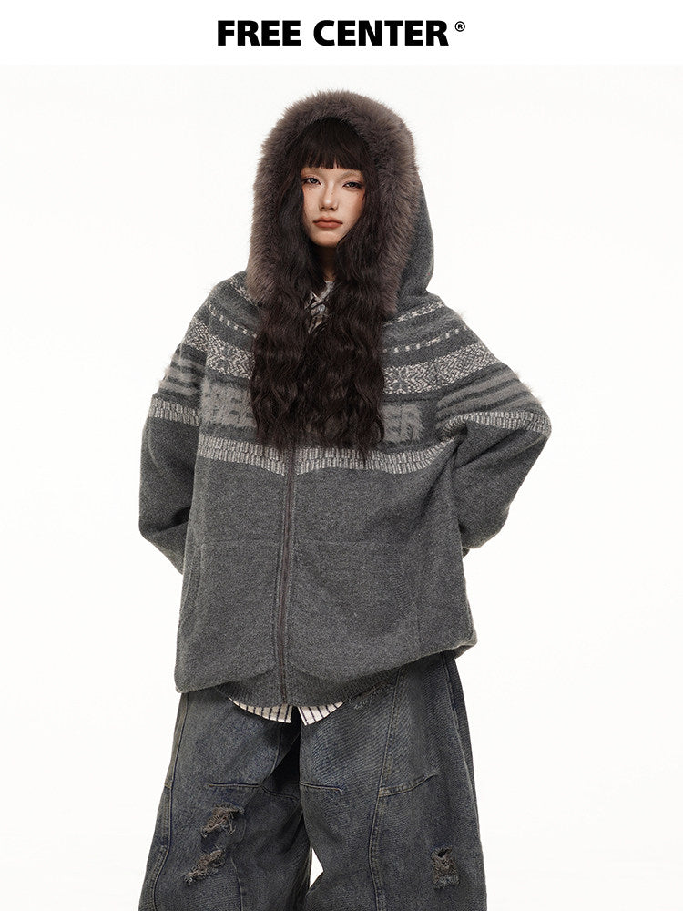 Fair Isle Hooded Detachable Fur Collar Knit Cardigan NA8870