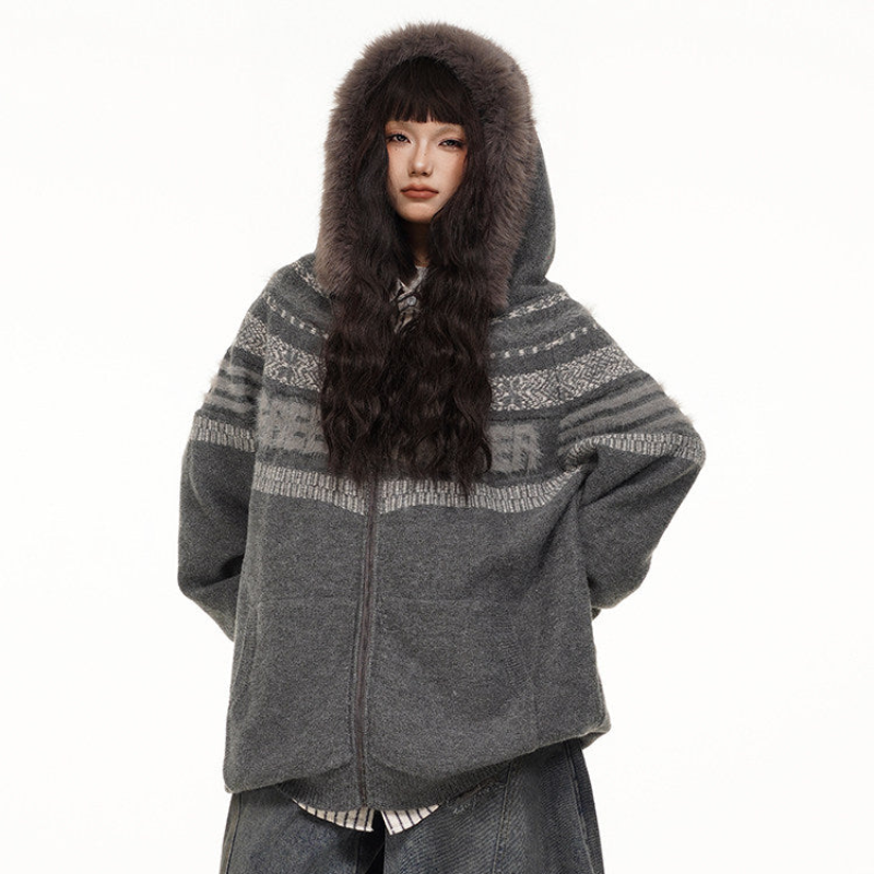 Fair Isle Hooded Detachable Fur Collar Knit Cardigan NA8870