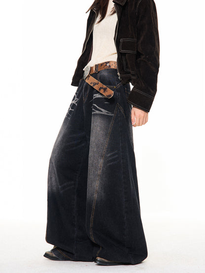 Washed Scratch Detail Wide Leg Denim Jeans NA9432