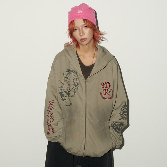 Embroidery Damage Zipper Hoodie NA9157