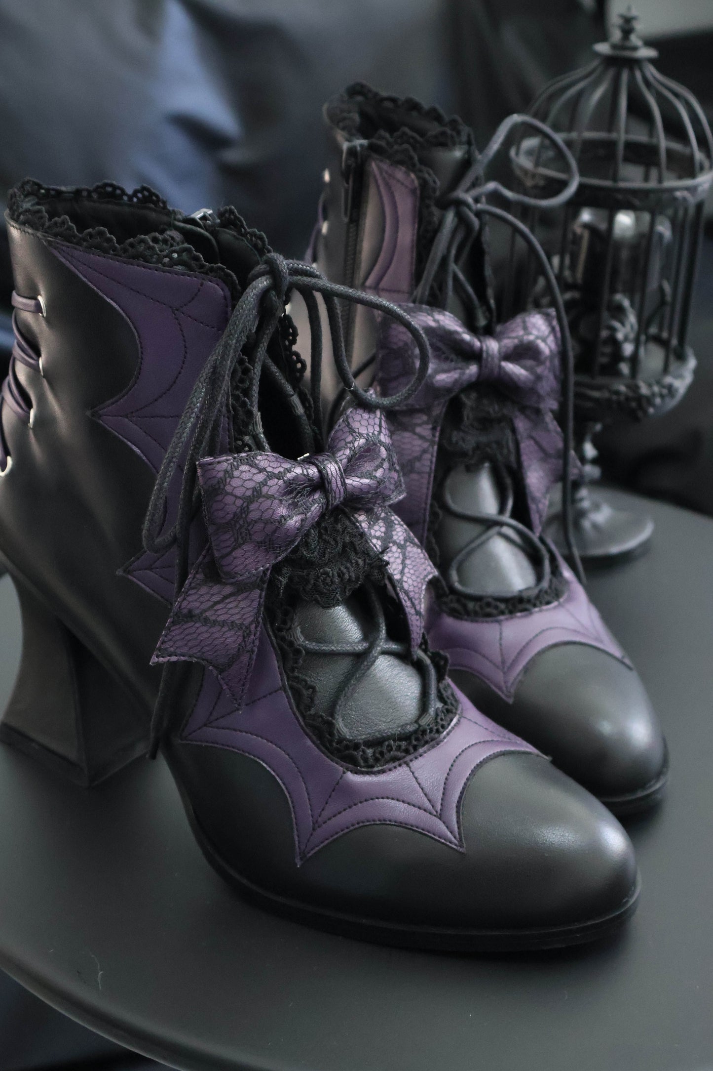 Lace Bow Purple Spider Web Ankle Boots NA8528
