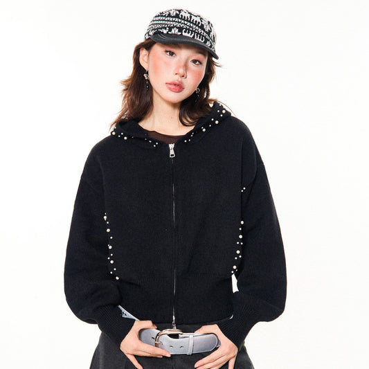 Pearl Embroidery Cropped Zipper Hoodie NA9341