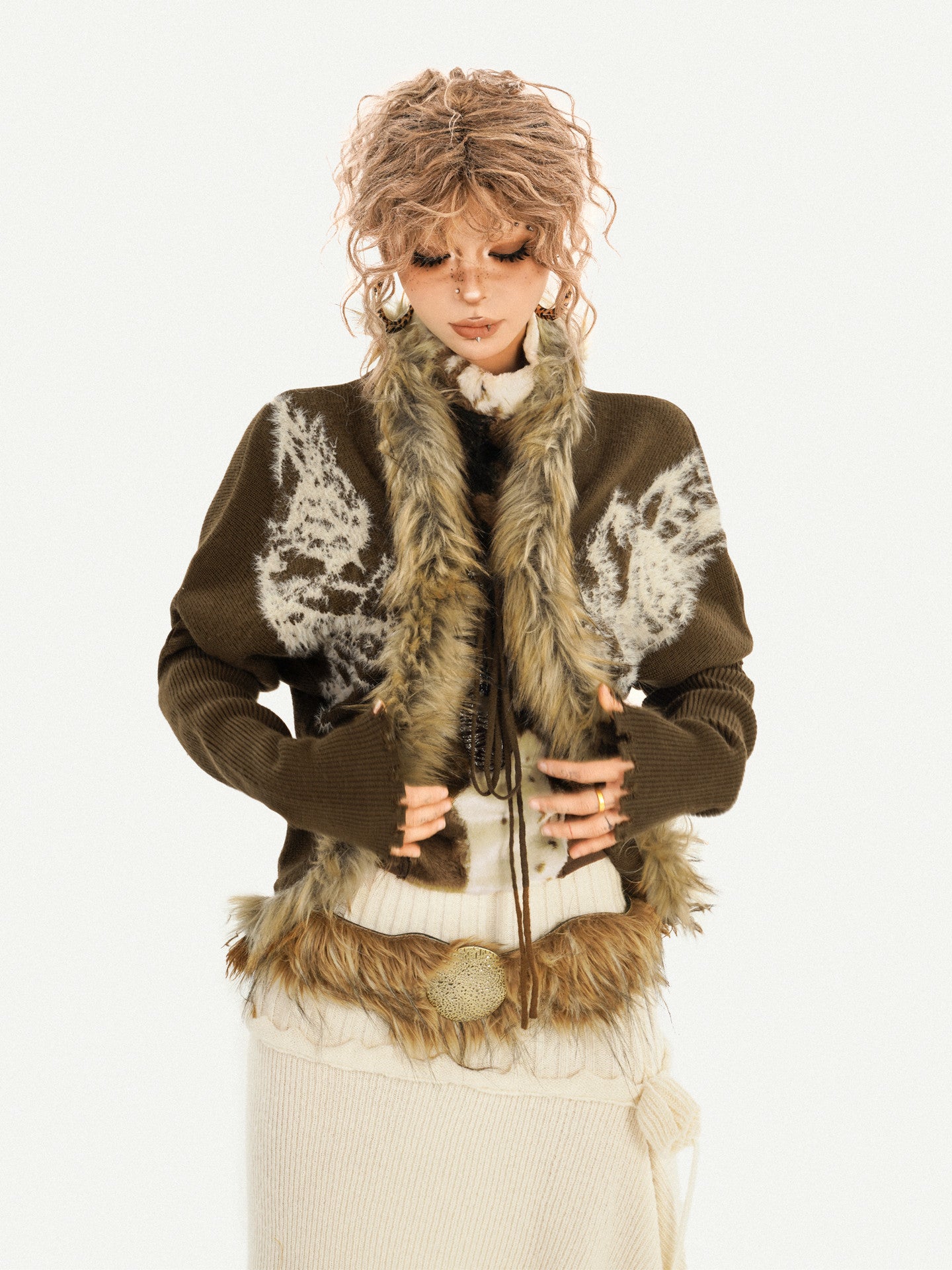 Original Design Batwing Sleeve Fake Fur Collar Knit Cardigan NA8622